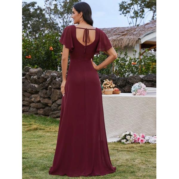 U-neck Ruffle Sleeve Empire High Slit A-line Back Tie Burgundy Chiffon Bridesmaid Dress