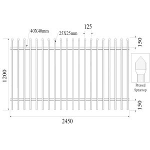 China Top Crimped PRESSED Spear 25mmx25mm Picket 2 rails SHS40mm H1200mmxW2450mm Hercules Fence Panels on sale