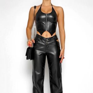 Ladies Lace Up Halter Neck Zipper Black Leather Tank Top