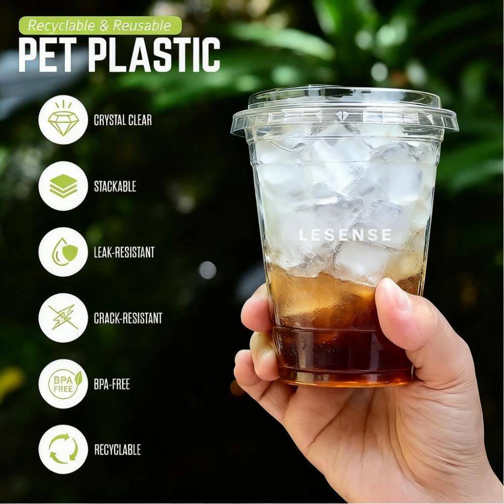 LESENSE Disposable Clear PET Plastic Cups Custom 12 oz 24oz 16oz Cold Drink Coffee Cup With Flat Dome Lids