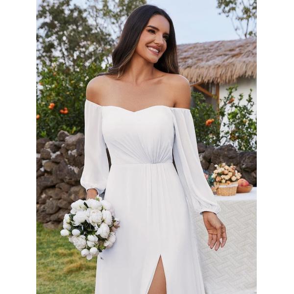 Plus Size Ruffled Long Sleeve High Slit Off-shoulder High Slit White Chiffon Evening Dress