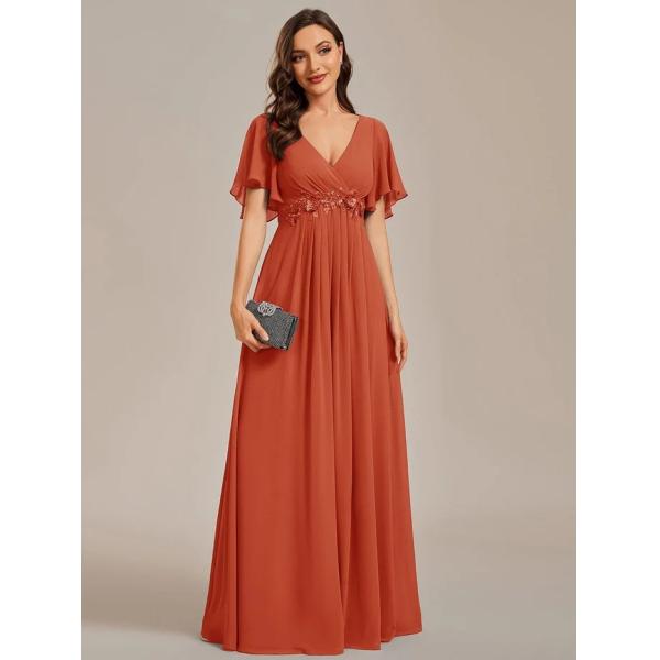 Sexy Empire Applique A-line Short Flutter Sleeves V-neck Invisible Zipper Burnt Orange Chiffon Evening Dress