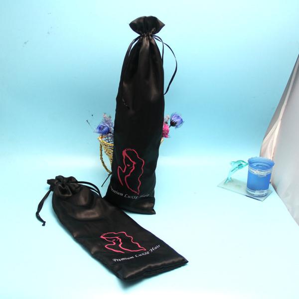 Luxurious Silk / Satin Drawstring Bag For Hair Extensions Packaging Black Color