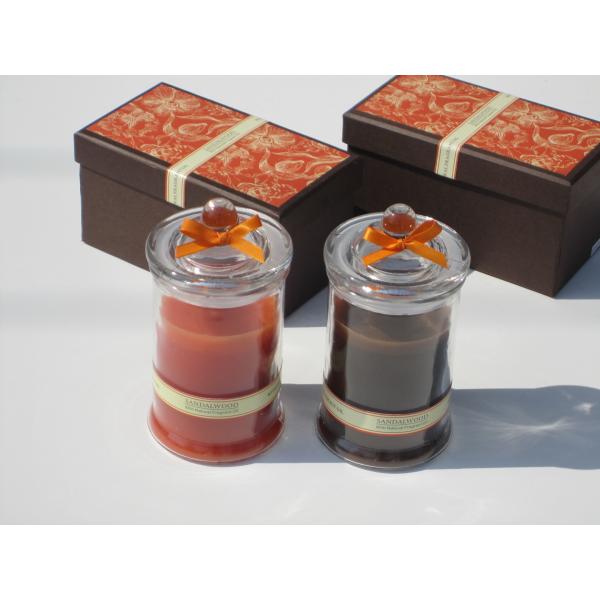 Orange & Brown scented glass jar candle with printed label,ribbon decor packed into gift box