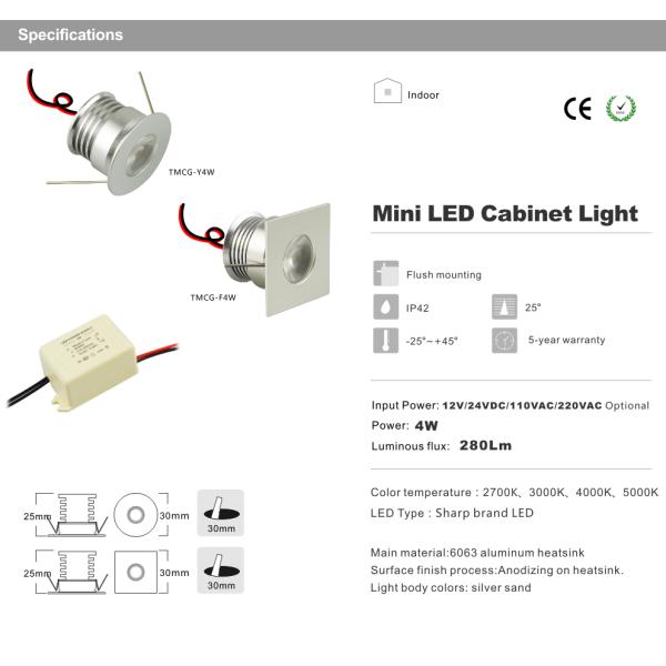 Mini 4W LED wine cabinet showcase lighting LED Recessed light 12V DC/AC, 85-277VAC
