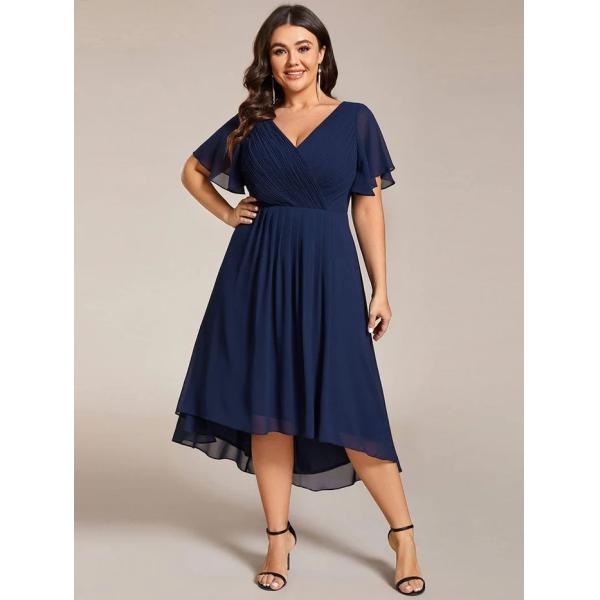 Empire Plus Size V-neck High-low A-line Short Sleeve Ruffled Navy Blue Chiffon Wedding Guest Bridesmaid Dress