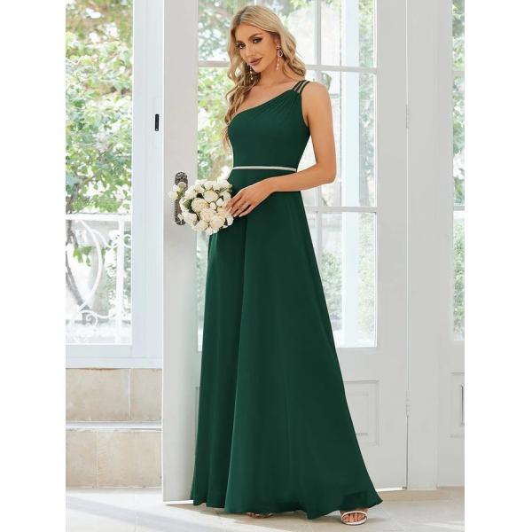 Asymmetry Custom Size Spaghetti Strap One-shoulder A-line Dark Green Flowy Chiffon Homecoming Dress