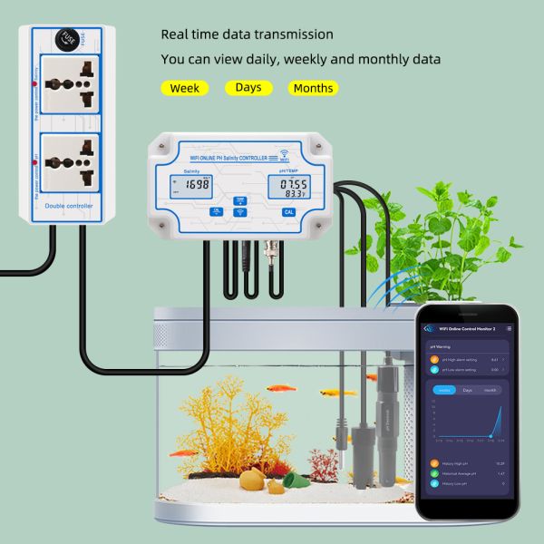 Tuya Online Salinity Meter with 0~199.9ppt Range and 0~14.0pH Multiparameter Water Quality Tester for Mariculture and Aquarium