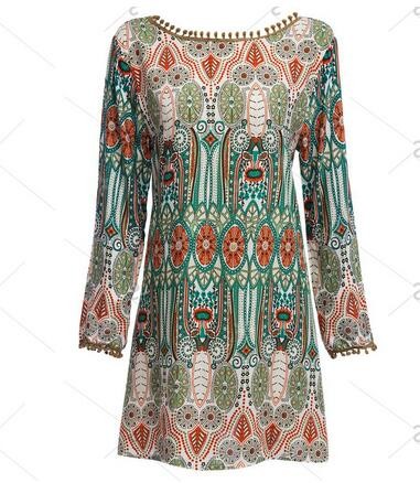 Buy Ethnic Style Round Collar Tribal Print Tassel Women polyester Dress at wholesale prices