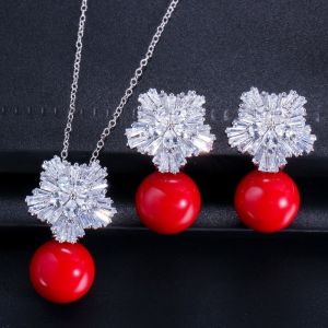 Women's Jewelry Set Wedding Party Water drop Red CZ Crystal Necklace Earrings