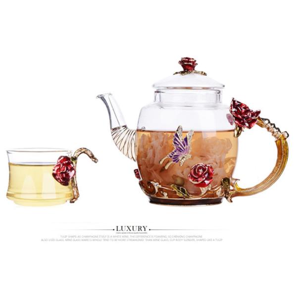 Flower Pattern Floral Microwavable Teapot , Vintage Glass Teapot With Gold Leaves