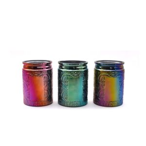 China Hotel Decor Carved Glass Cylinder Candle Holders Electroplated Colored on sale