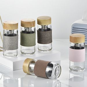 Bamboo Lid Glass Water Bottle With Protective Sleeves