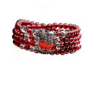 5mm Round Genuine Garnet Beads Bracelet with 925 Silver Marcasite Horse Garnet