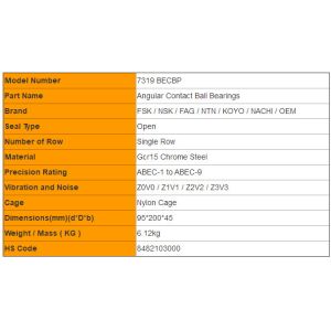High Speed Nylon Cage Angular Contact Ball Bearings 7319 BECBP