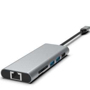 Silver 10-in-1 USB-C Hub with HDMI USB 3.0 Ethernet 3.5mm Audio Jack for PC and