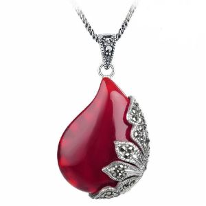 China Vintage Jewelry 925 Silver Red Agate  Marcasite Drop  Pendant Necklace 18 Inches (JA1674RED) on sale