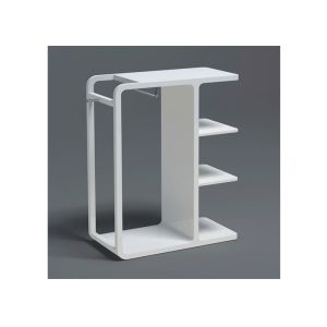 Quality High Glossy White Painted Garment Display Stand With Wooden Shelf for sale