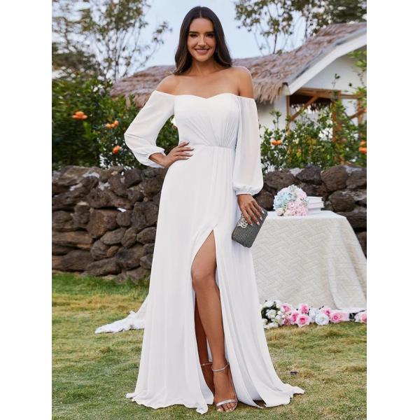 Plus Size Ruffled Long Sleeve High Slit Off-shoulder High Slit Purple Orchid Chiffon Cocktail Dress