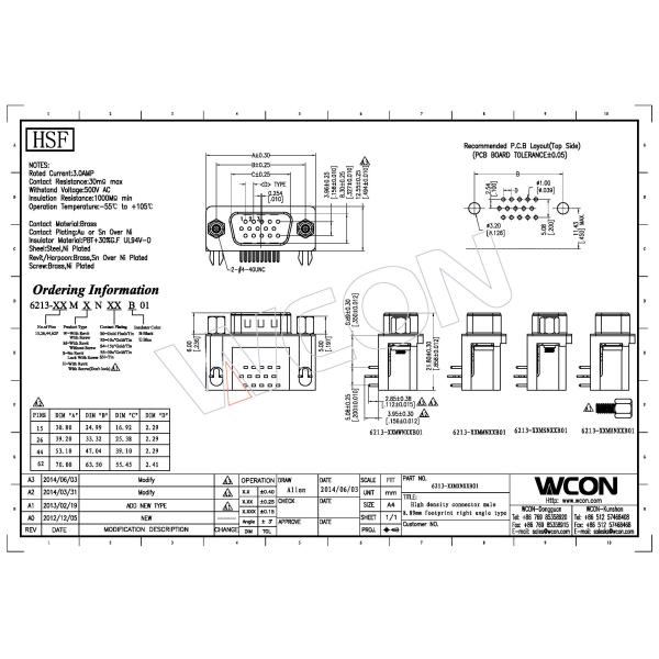 WCON D Sub Connector Black Male HD/R 15P Right Angle Color Sel.1U" Au/Sn ROHS