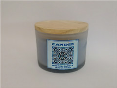 Quality Home decor candle,large scented glass blue candle with 3 wick and unique design label &amp; wooden lid for sale