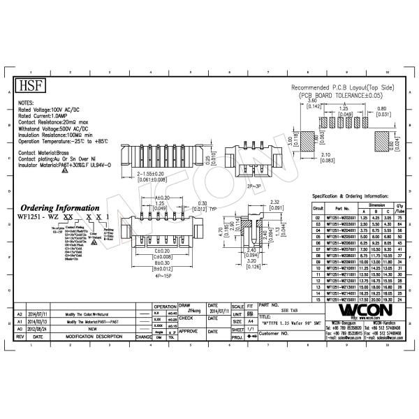 1.25mm Pitch Wafer 5 Pin Connectors Wire To Board 1.0AMP 90°SMT