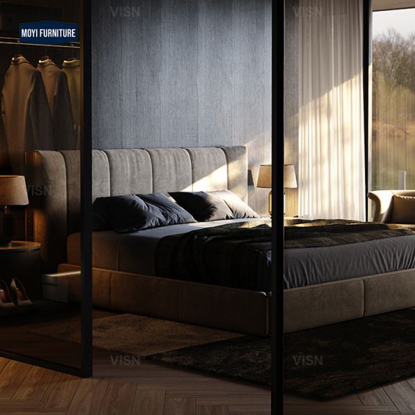 Oak Wood Frame Double Bed Luxury Bedroom Furniture Featuring Modern Style High End King Size Velvet Headboard