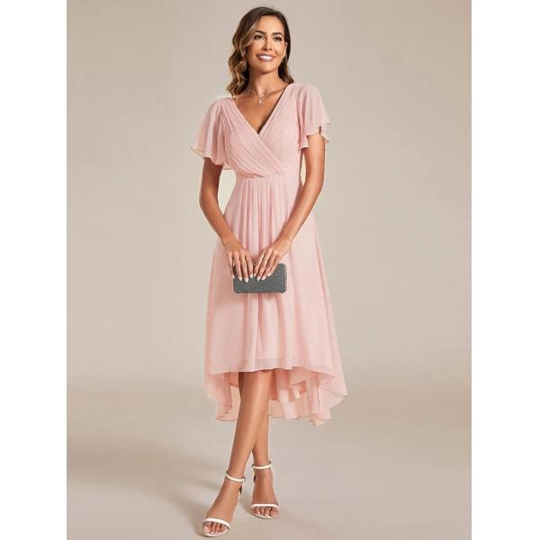 Chic V-neck High-low Short Flutter Sleeves A-line Ruffles Midi Invisible Zipper Pink Chiffon Wedding Guest Evening Dress