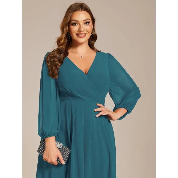 Elegant Empire Long Sleeve V-neck High Low A-line Ruffled Midi Teal Chiffon Wedding Guest Prom Dress
