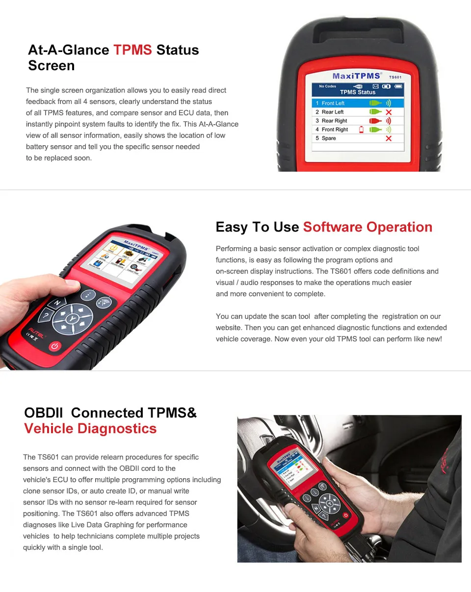 AUTEL MaxiTPMS TS601 TPMS Tool Automotive Tire Repair Tools Sensor Progarmming/Relearn/Activate for Tire Pressure