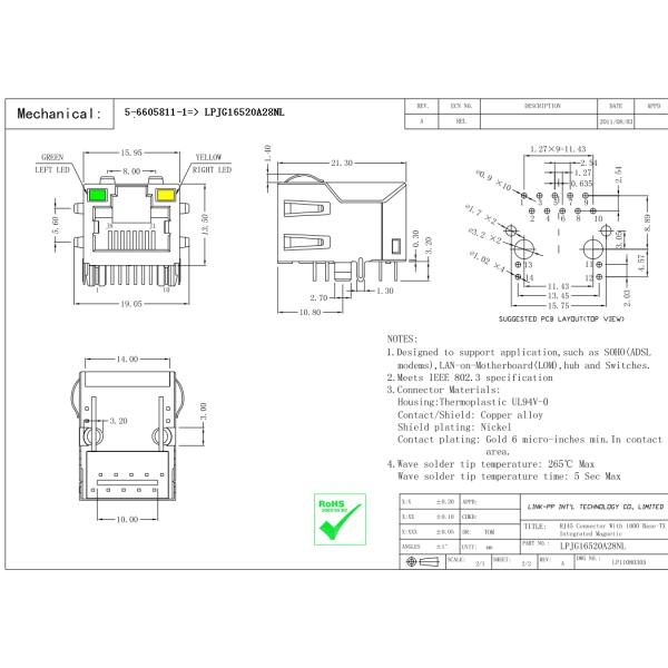 5-6605811-1 RJ45 With Integrated Magnetics LPJG16520A28NL Protocol converter
