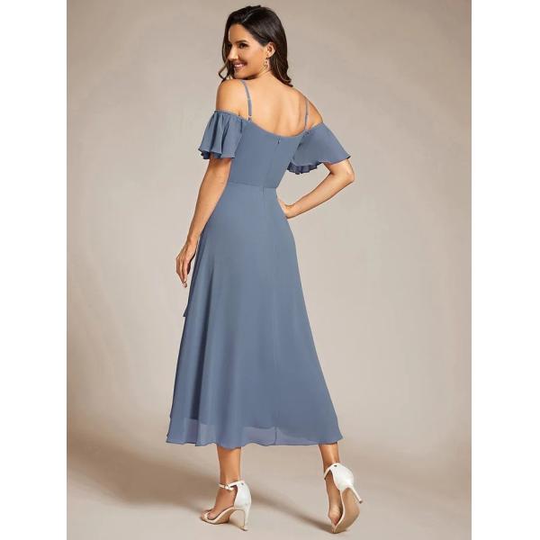 Empire Off-shoulder Spaghetti Strap Zipper High-low Wedding Guest Dresses Short Sleeves Dusty Navy Chiffon Evening Dress