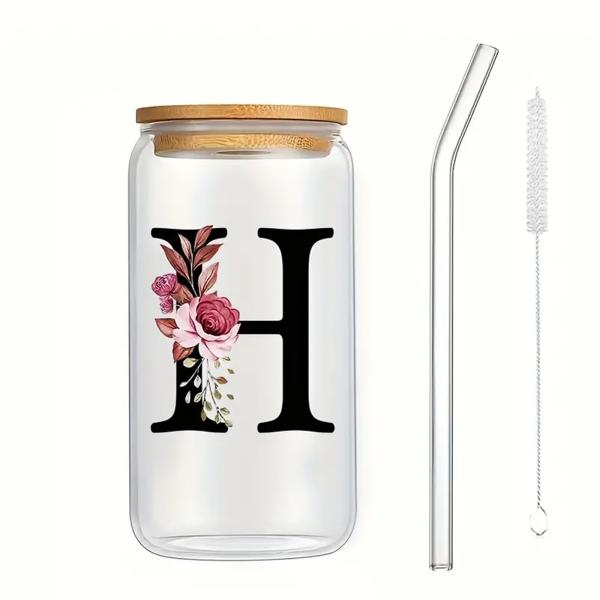 Buy Exquisite Customized Logo 16oz Sublimation Glass Water Bottle Clear Floral Letters Coke Can Glass Cups With Bamboo Lid And Straw 8*15cm at wholesale prices