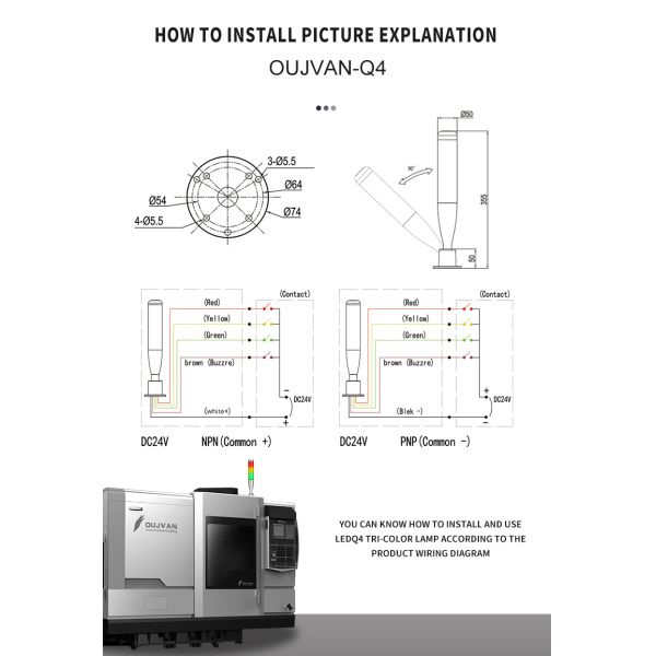 DC 24V Input LED Tower Lamp Foldable Machine Stack Light With Built In Buzzer 80lm/W Efficiency