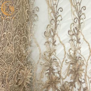 Customized Gold Heavy Beaded Embroidery Lace Fabrics By The Handmade