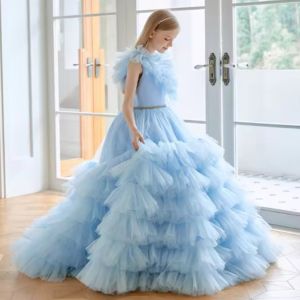 Summer Girl Clothing Blue Flower Tutu Long Wedding Dress Flower Girl Puffy