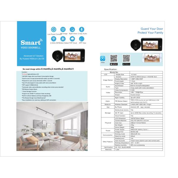 Wifi Peephole Wireless Security Doorbell Weatherproof 160 Degree Wide Angle