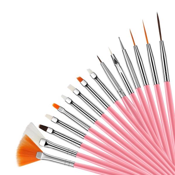 Plastic Handle Pink Nail Beauty Brush 15 pcs Painting Art Brush for Promotion 50g Size