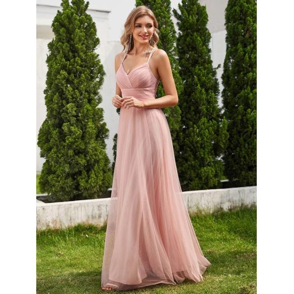 Lace Back Cross-strap V-neck Spaghetti Strap Empire A-line Pleated Sleeveless Pink Tulle Bridesmaid Dress