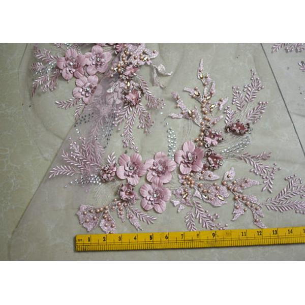 Embroidered 55 Inch Peach Color 3D Floral Rose Lace Fabric With Beads And