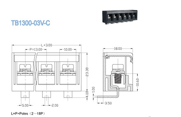 Pitch 13.00mm 600V 40A 2 - 18P Barrier Terminal Block Power Terminal Block