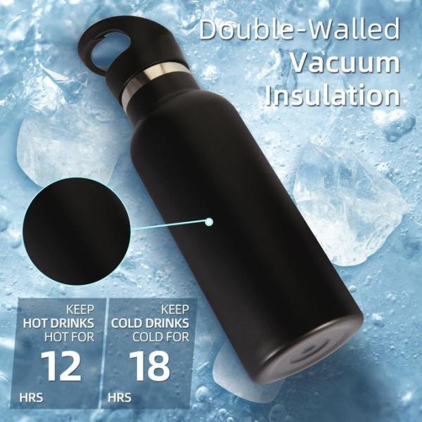 Black Stainless Steel Water Bottles 24 Ounce Vacuum Insulated Double Wall Travel Bottle With Leak-Proof Straw Lid Of Handle Metal Reusable Standard