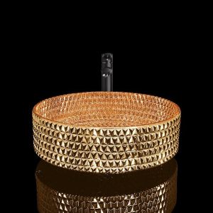Vanity Round Bathroom Basin Chromed Gold Diamond Shape Crystal Glass