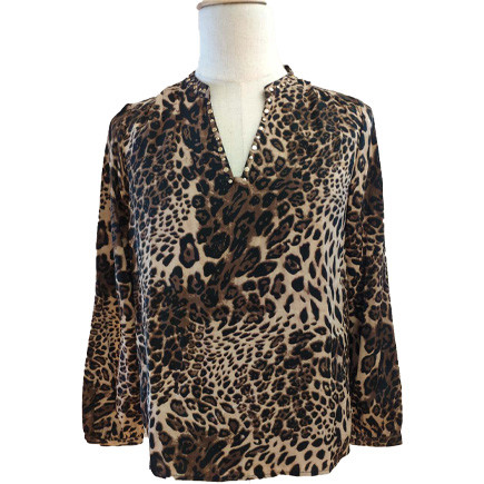 Buy V Neck Leopard Print Long Sleeve Women Casual Blouses at wholesale prices