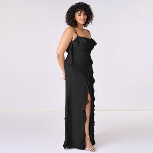 Excellent Plus Size Black Chiffon Bridesmaid Dress Sheath Spaghetti Straps