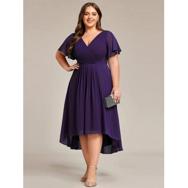 Empire Plus Size V-neck High-low A-line Short Sleeve Ruffled Dark Purple Chiffon Wedding Guest Homecoming Dress