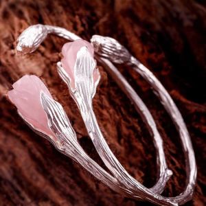 Handcraft Sterling Silver Cuff Bracelet with Sculpted Rose Quartz Gardenias
