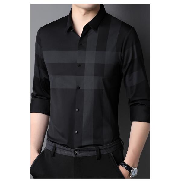 Striped Polyester/Cotton Casual Black Shirt for Men Slim Fit Long Sleeve Shirts