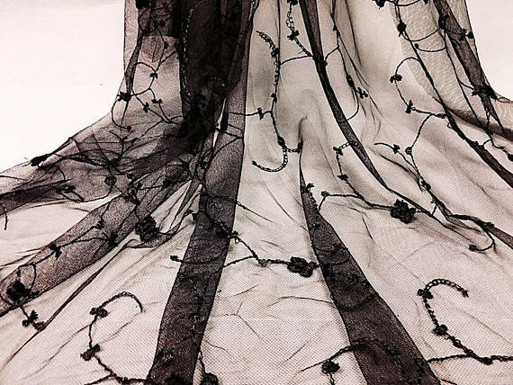 Nylon Black Stretch Lace Fabric By The Yard Embroidered Tulle Netting With Flower