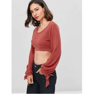 Open Back Knotted Cut Out Long Sleeve Knit Top Women